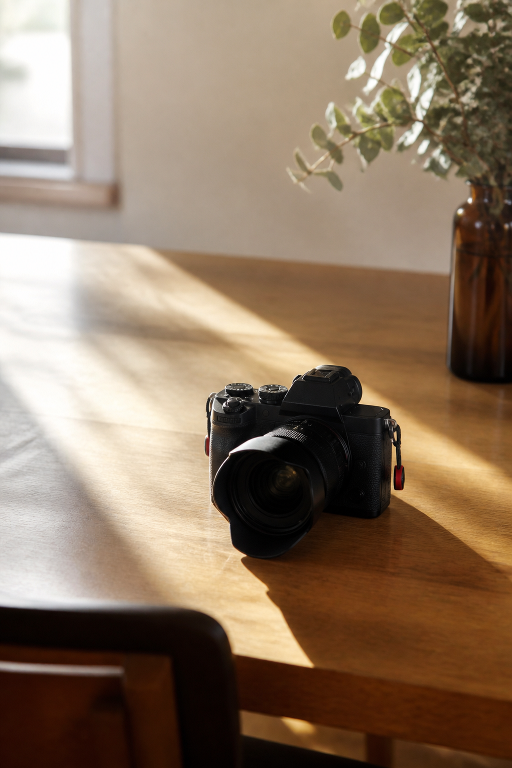 Un appareil photo hybride posé sur une table en bois, baigné par la lumière douce d'une fenêtre en fin de journée