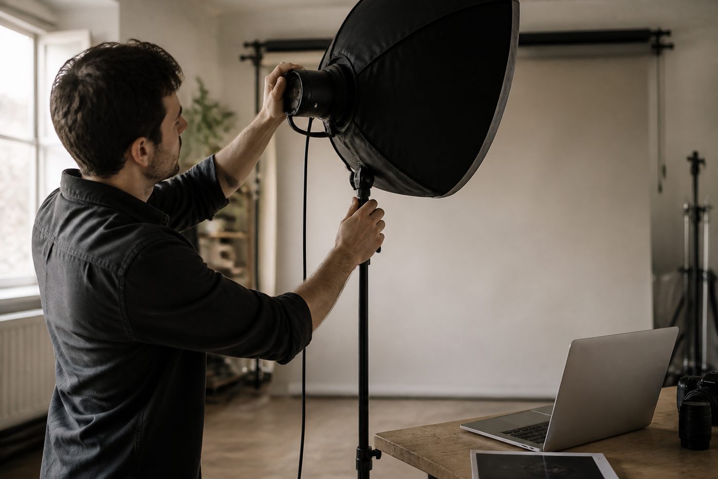Un disque dur externe posé sur un bureau en bois, à côté d'un ordinateur portable ouvert, éclairé par une lampe de bureau en fin de journée, cadré serré sur les deux appareils.